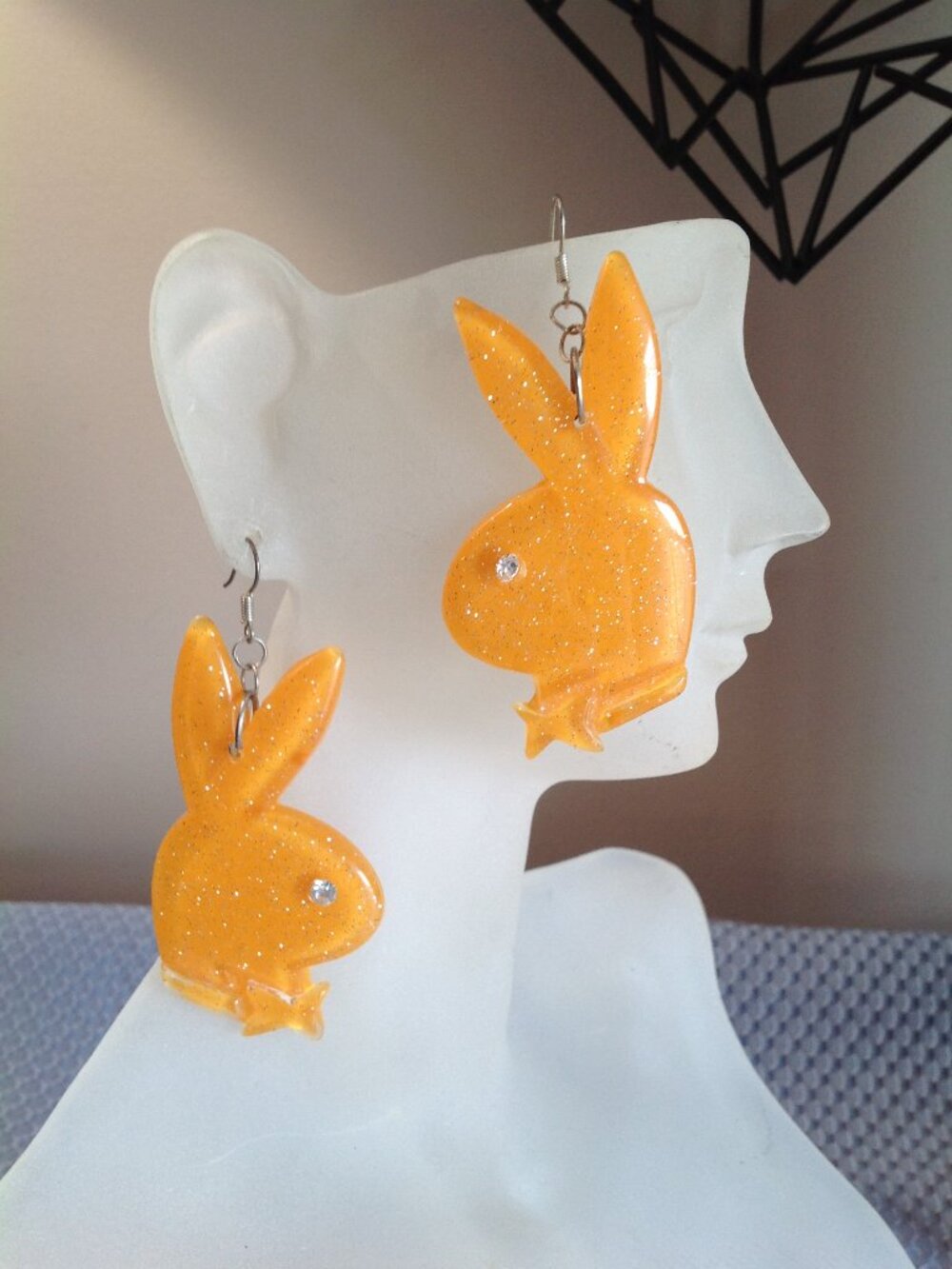 Vintage Large Plastic Rhinestone Eye Playboy Bunny Dangle Earrings Orange